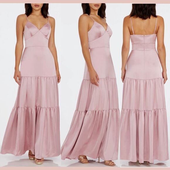 NWD Dress the‎ Population [ Small ] Tess Tiered Satin Gown Rose Canyon Pink - Picture 1 of 16